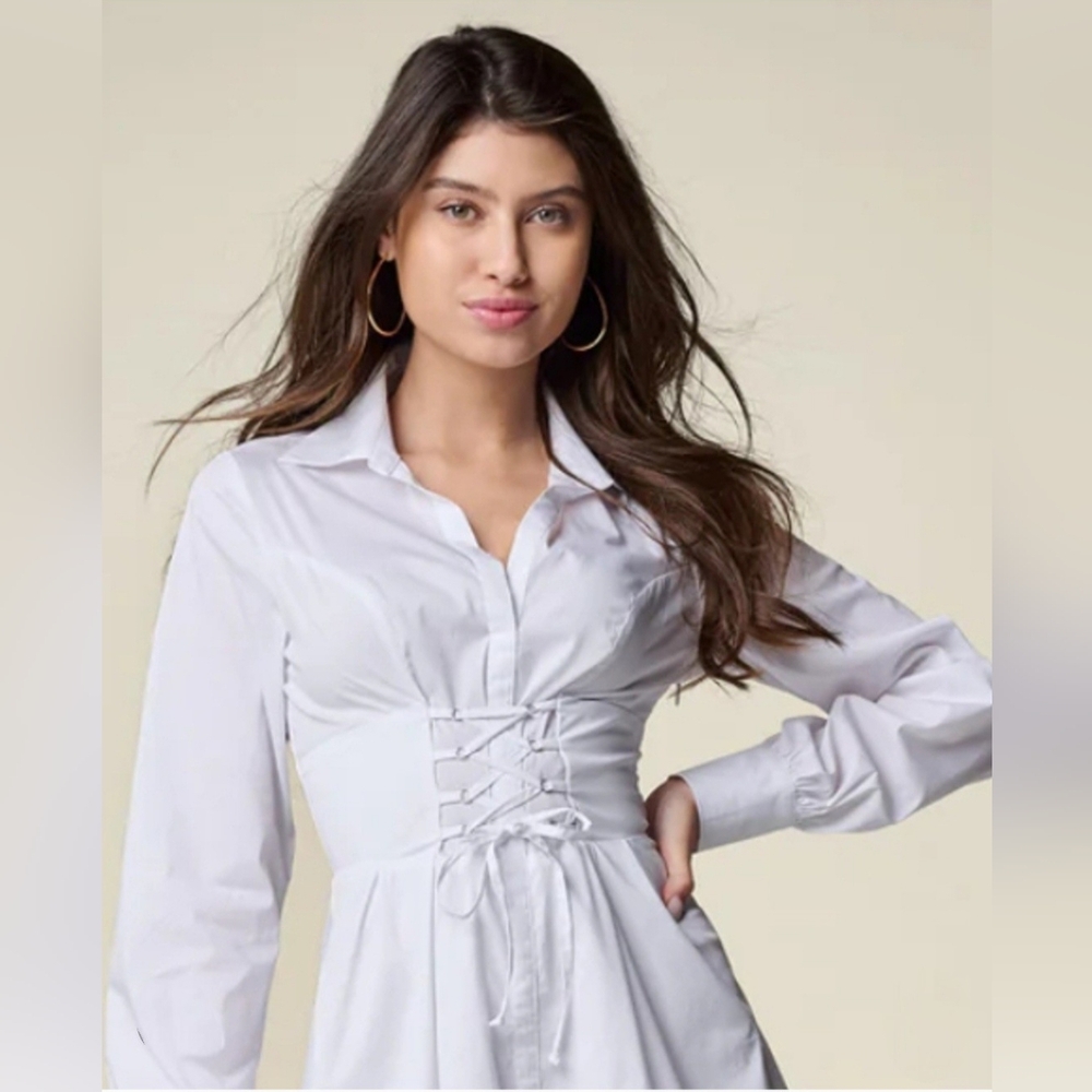 NWT VENUS White Corset-Detail Shirt Dress